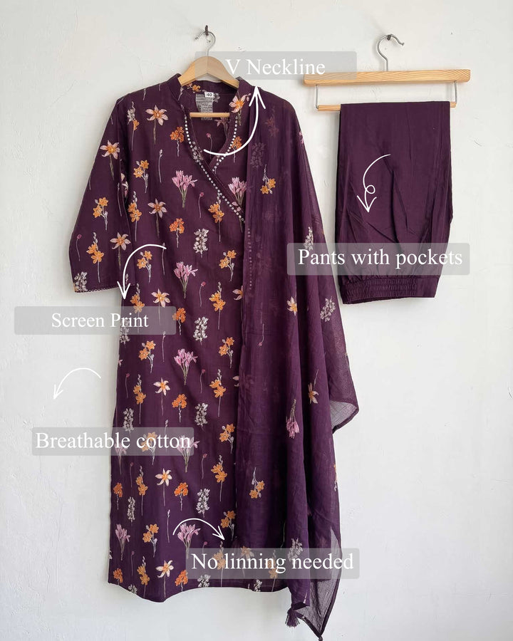 Tara Purple Floral Cotton Dupatta, Pant and Kurta Set