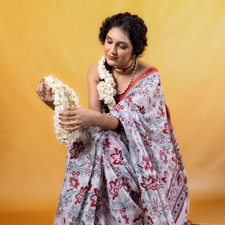 Tarangini Block Printed Saree with Zari border