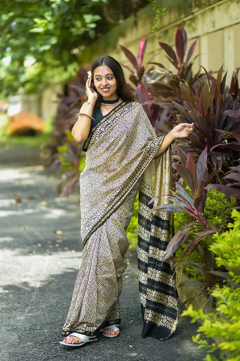 Time Piece - Hand Block Print Chanderi Silk Saree