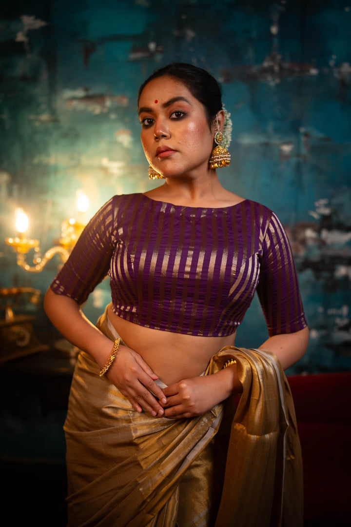 Keya - Purple Chanderi Striped Elbow Sleeve Blouse with back bow