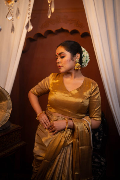 Kanak - Golden Cotton Tissue Elbow Sleeve Blouse with V neck