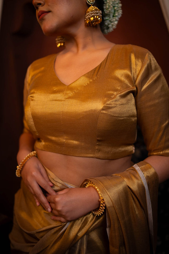 Kanak - Golden Cotton Tissue Elbow Sleeve Blouse with V neck