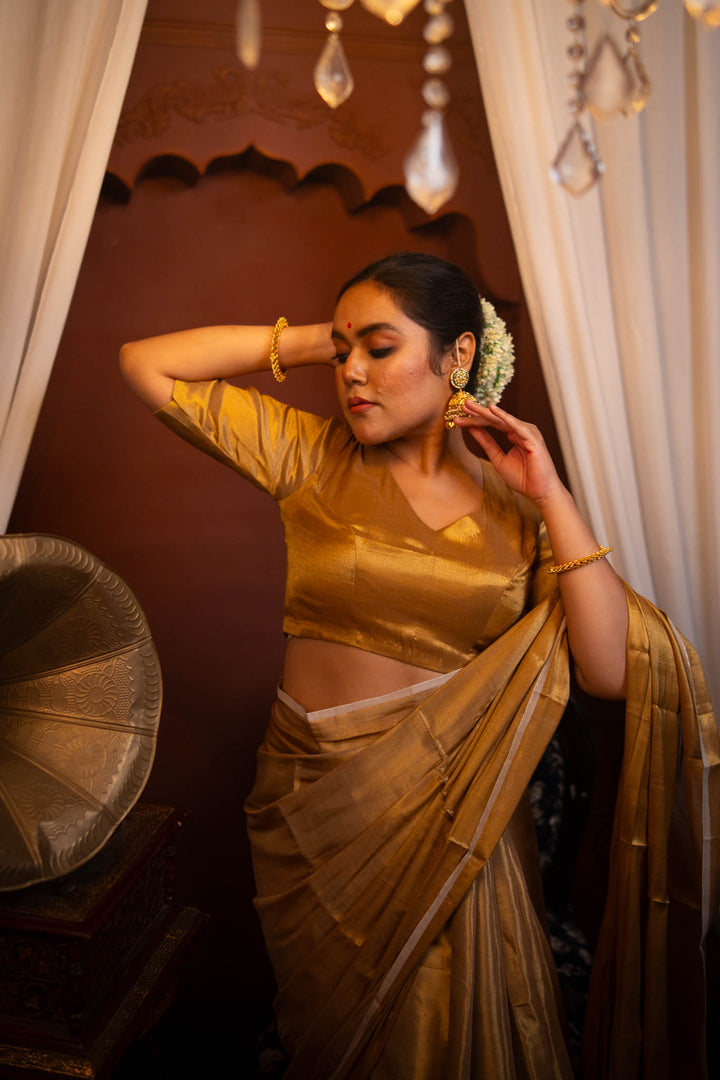 Kanak - Golden Cotton Tissue Elbow Sleeve Blouse with V neck