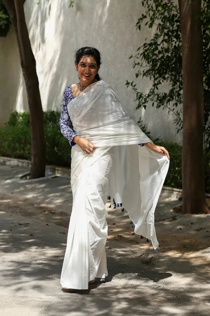 Twirl In Pearl- White Mulmul Cotton Saree with Tassels