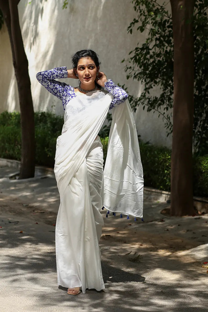 Twirl In Pearl- White Mulmul Cotton Saree with Tassels