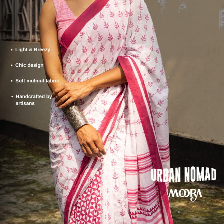 Pink Alley - Mul Cotton Hand Block Printed Saree