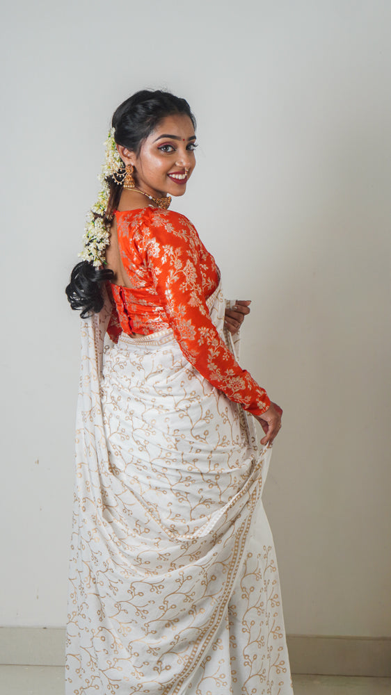 Vaidehi White Gold Mulmul Cotton Hand Block Print Saree