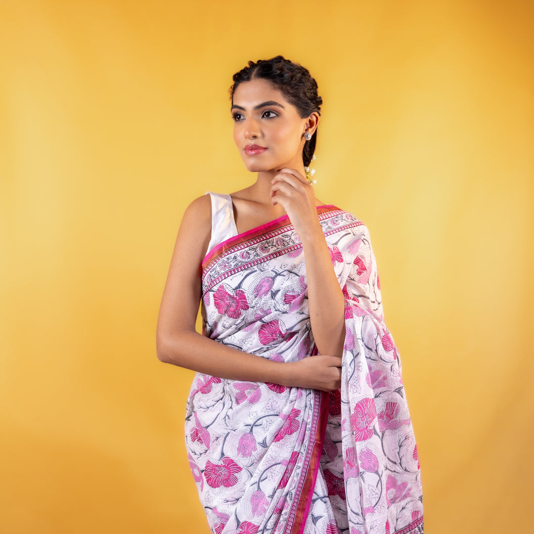 Vasanti Block Printed Saree with Zari border