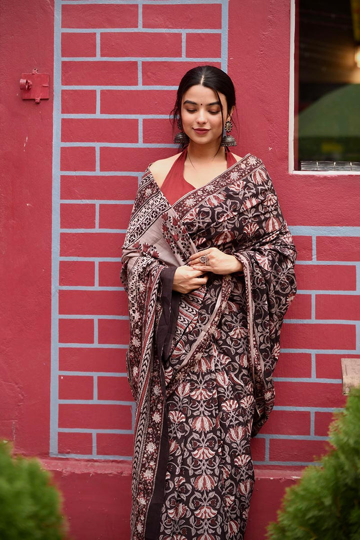 Vintage Voyage- Hand Block Print Mulmul Cotton Bagru Saree