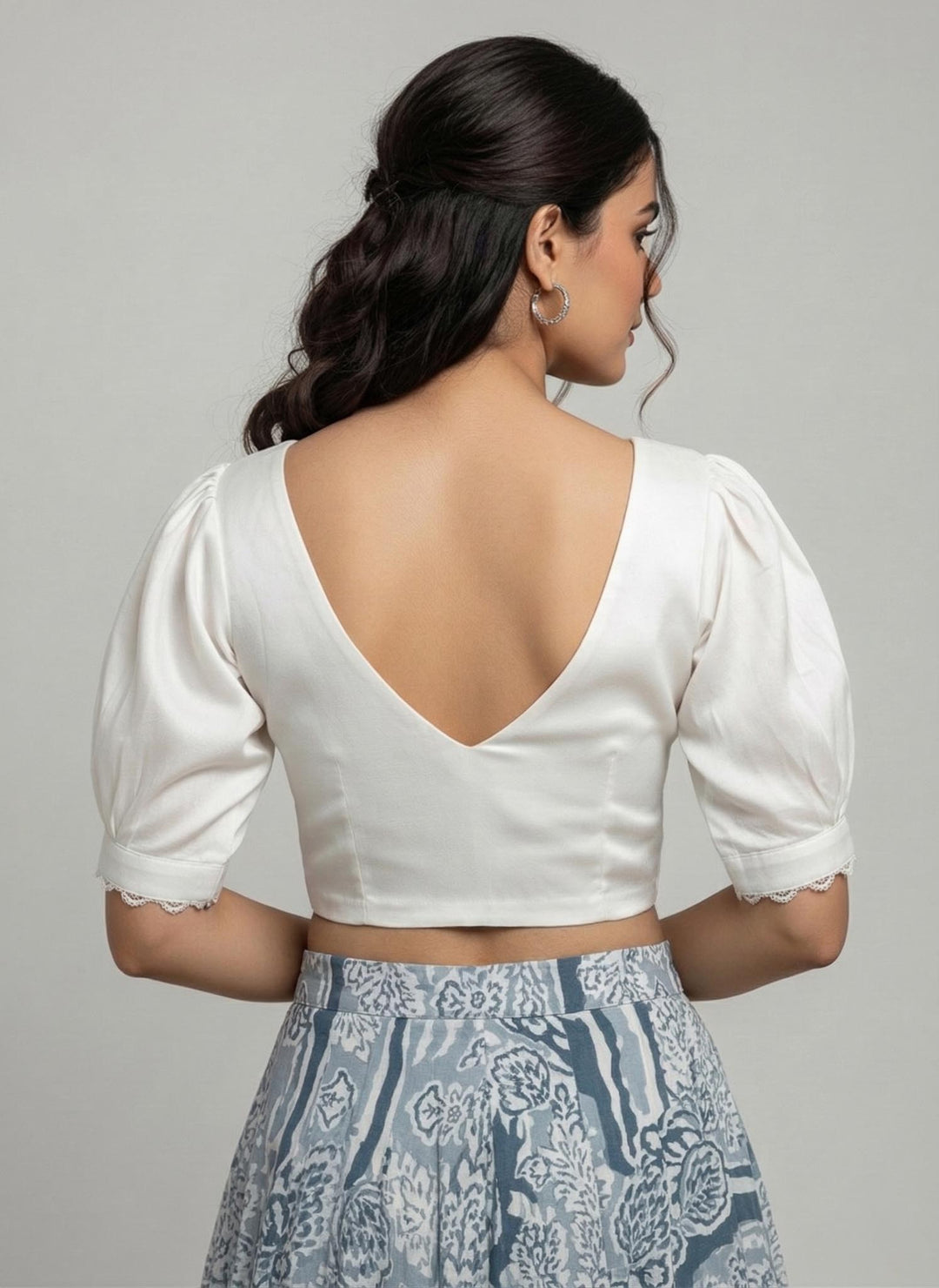 Vintage White Satin V-neck Blouse with Peter Pan Collar & Puff Sleeves