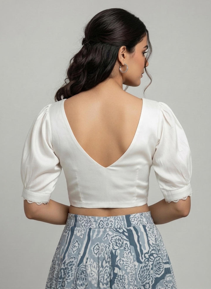 Vintage White Satin V-neck Blouse with Peter Pan Collar & Puff Sleeves