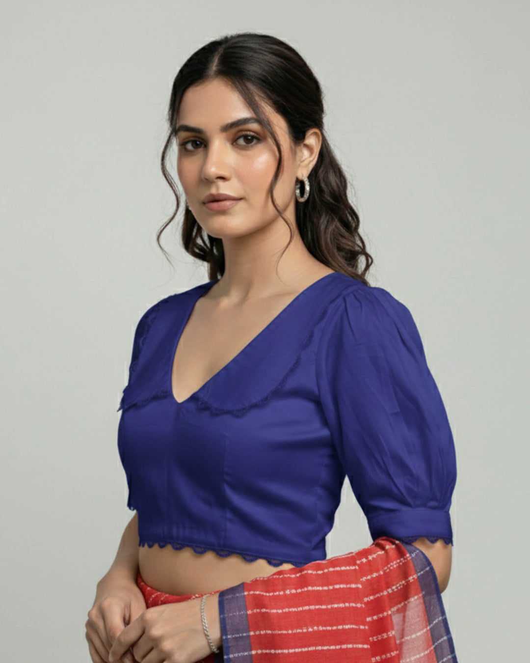 Vintage White Satin V-neck Blouse with Peter Pan Collar & Puff Sleeves