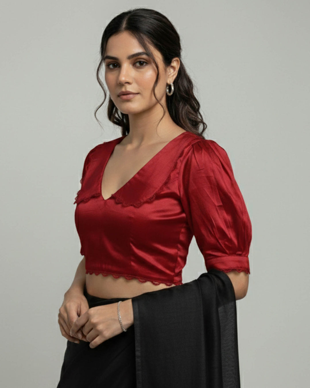 Vintage White Satin V-neck Blouse with Peter Pan Collar & Puff Sleeves