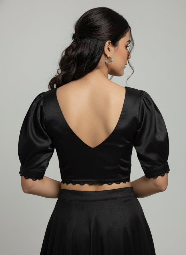 Vintage White Satin V-neck Blouse with Peter Pan Collar & Puff Sleeves