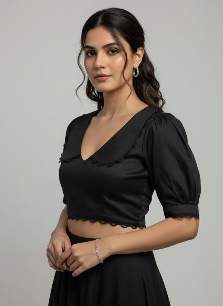 Vintage White Satin V-neck Blouse with Peter Pan Collar & Puff Sleeves