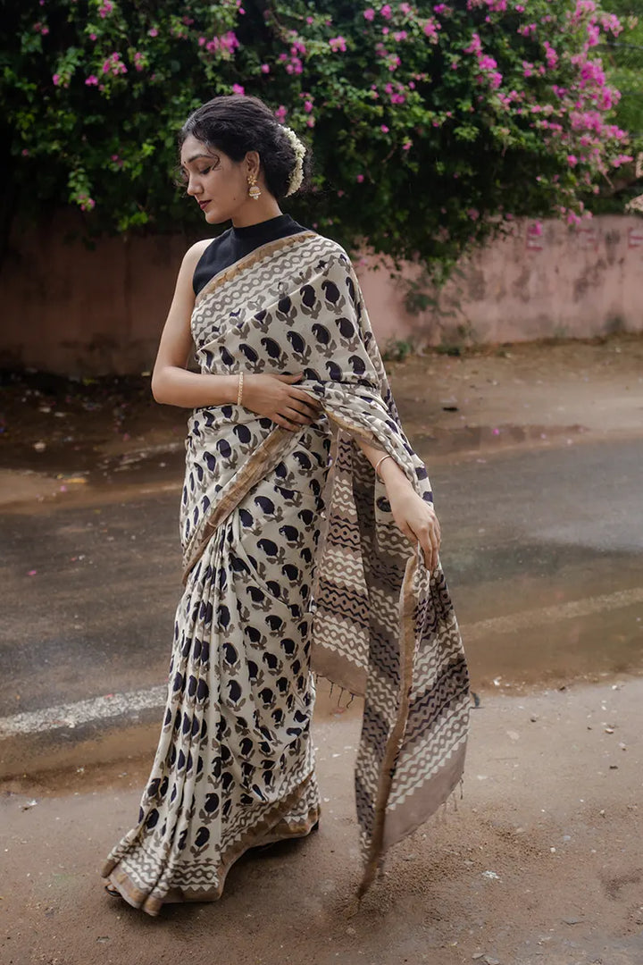 Memory Muse - Hand Block Print Chanderi Silk Bagru Saree