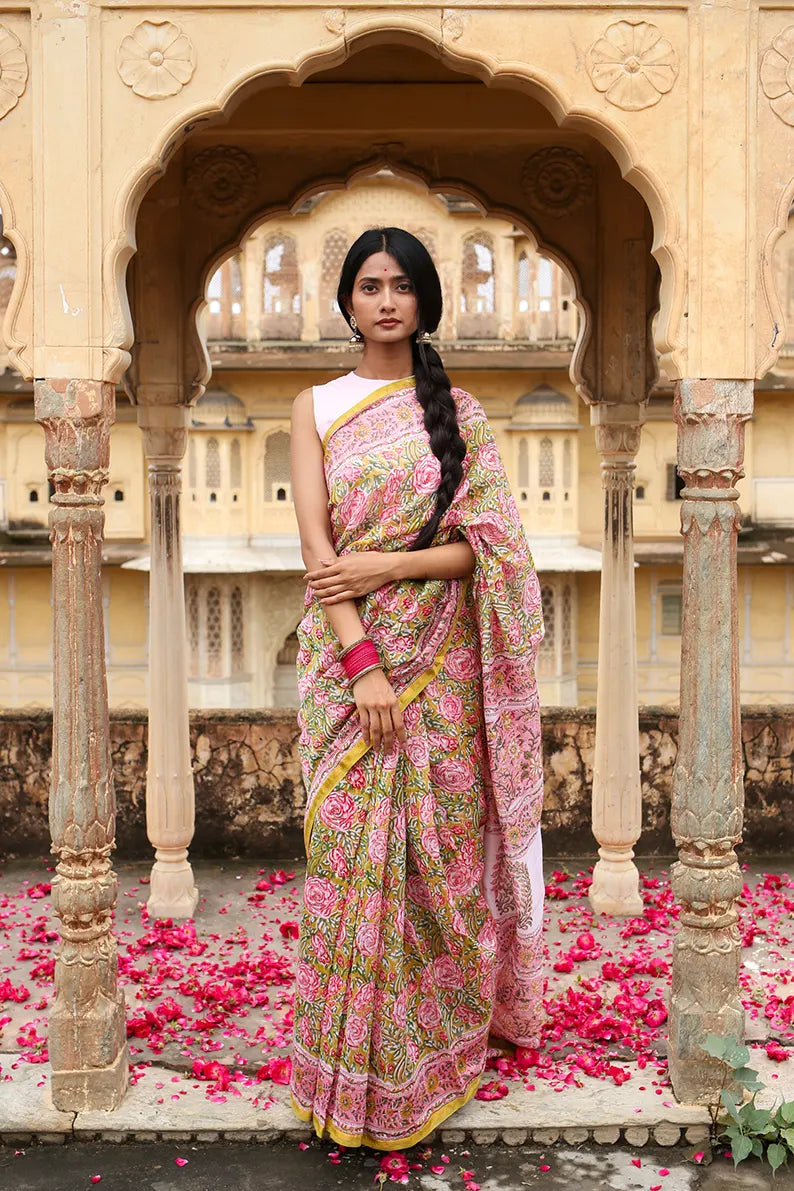 Wild Rose - Hand Block Print Chanderi Silk Saree