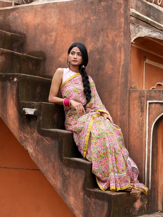 Wild Rose - Hand Block Print Chanderi Silk Saree