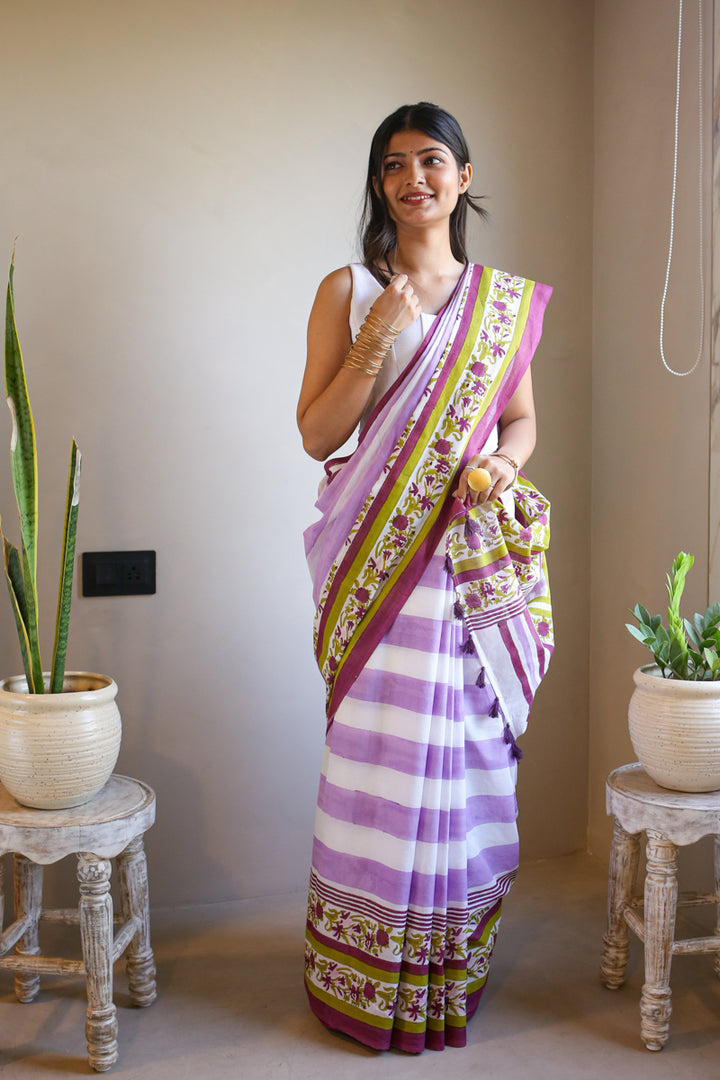 Wildflower Stripes Hand Block Print Mulmul Cotton Saree