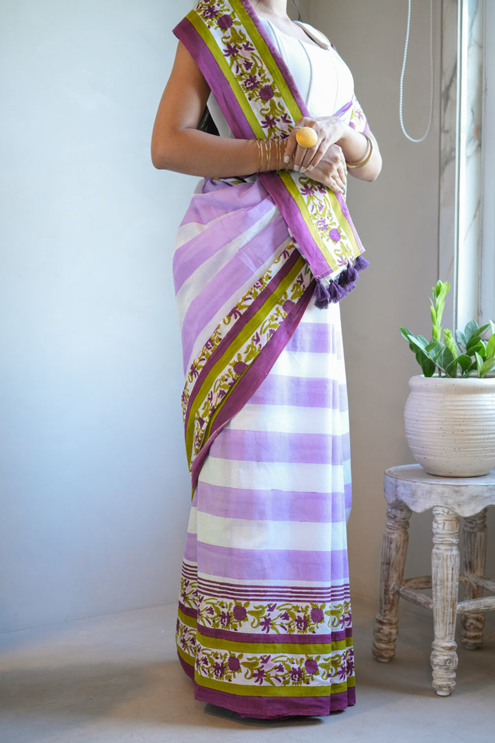 Wildflower Stripes Hand Block Print Mulmul Cotton Saree