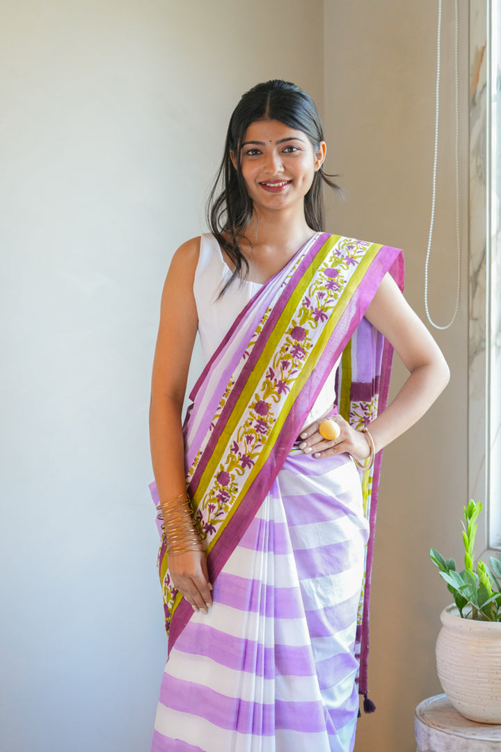 Wildflower Stripes Hand Block Print Mulmul Cotton Saree