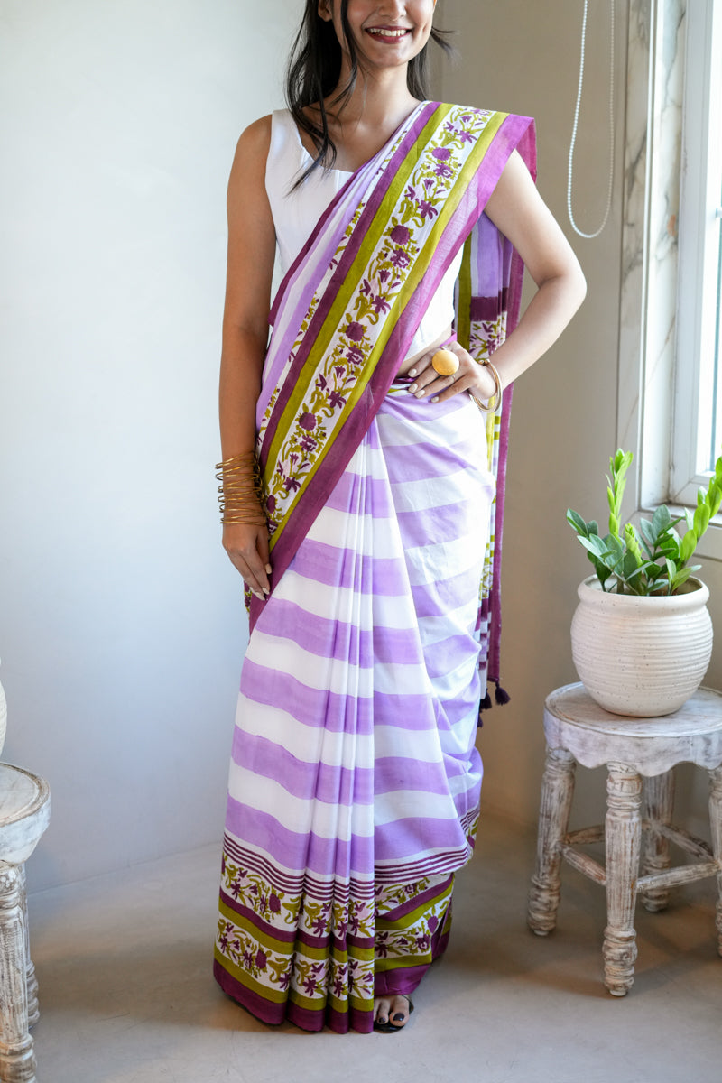 Wildflower Stripes Hand Block Print Mulmul Cotton Saree