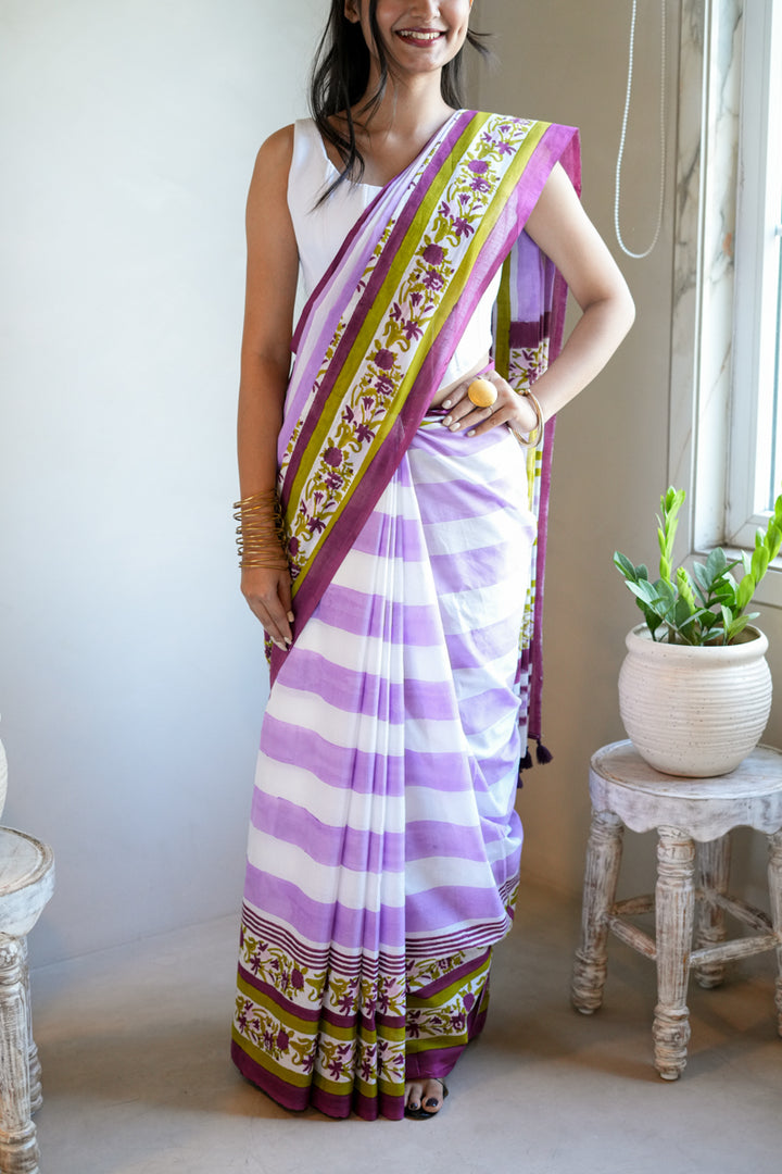 Wildflower Stripes Hand Block Print Mulmul Cotton Saree