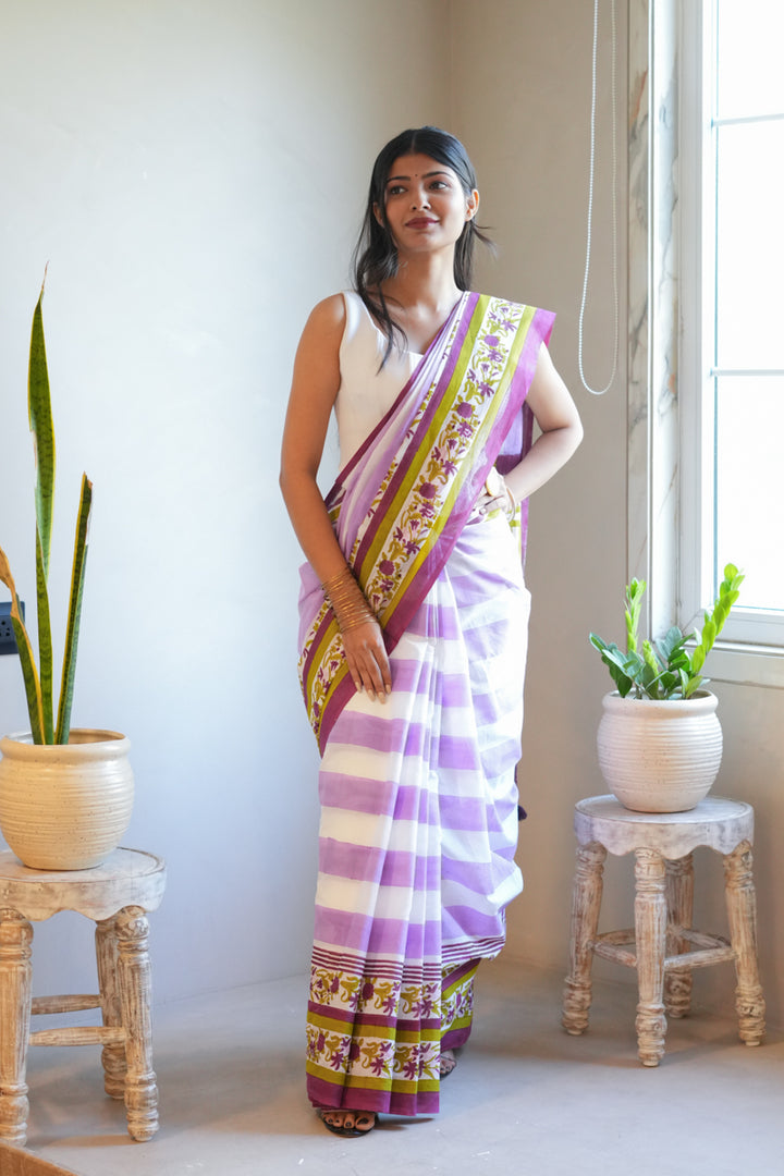 Wildflower Stripes Hand Block Print Mulmul Cotton Saree