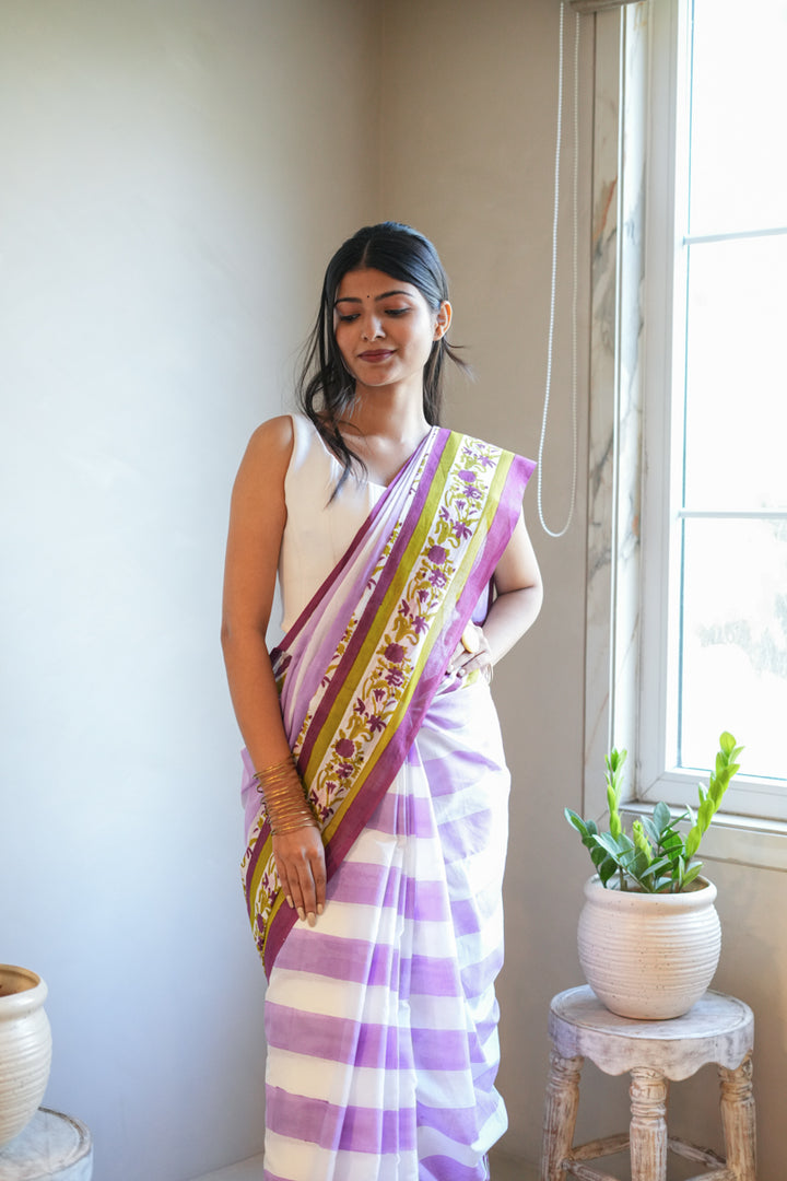 Wildflower Stripes Hand Block Print Mulmul Cotton Saree