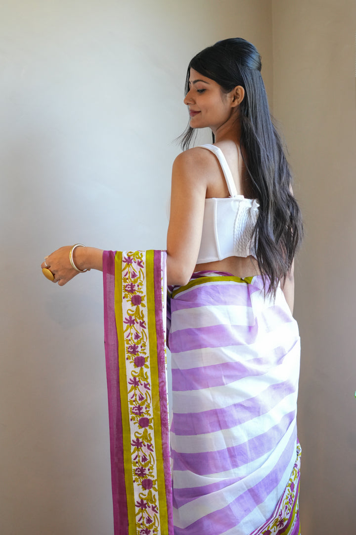 Wildflower Stripes Hand Block Print Mulmul Cotton Saree