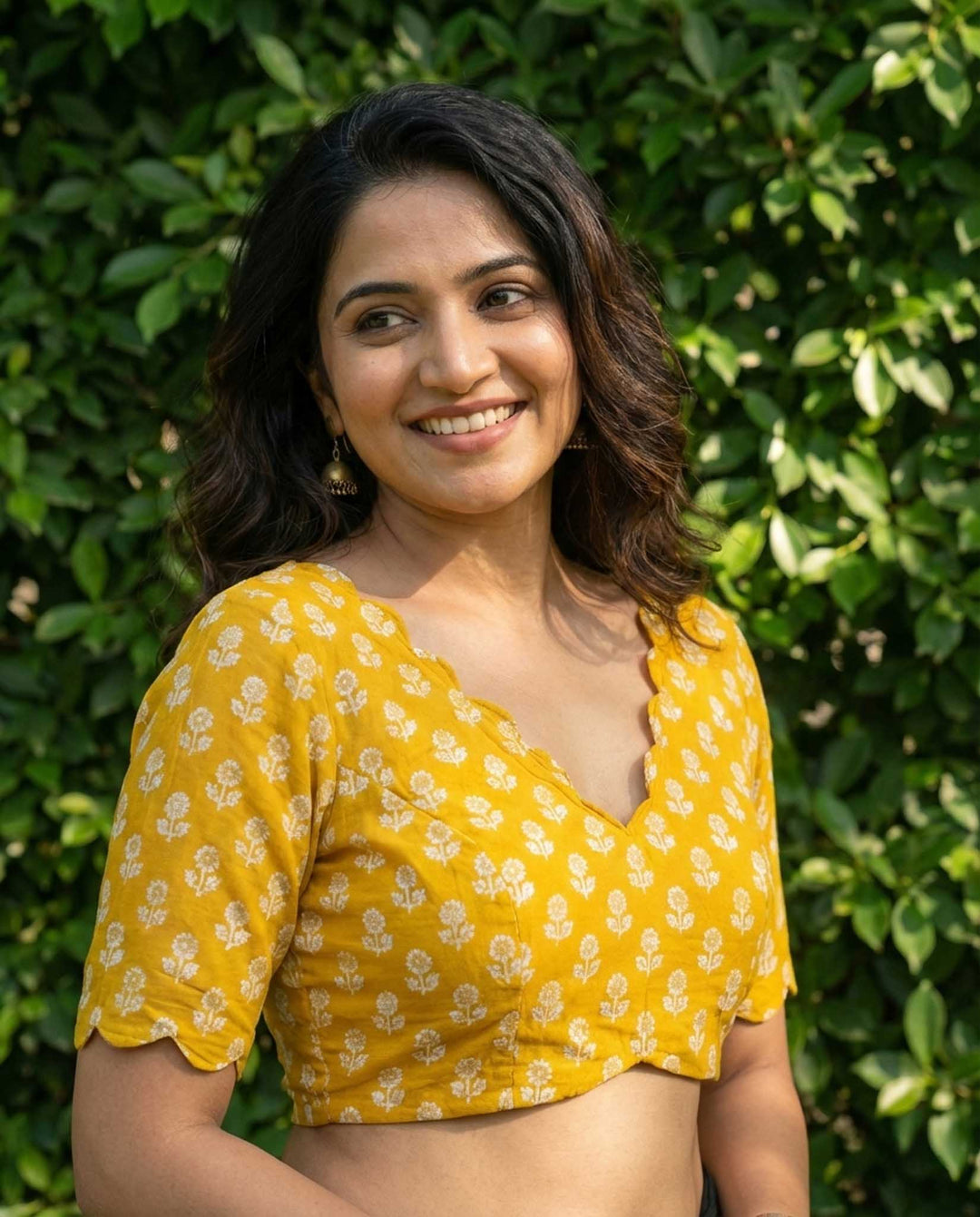 Almost Friday Blue Cotton V neck Scallop Blouse