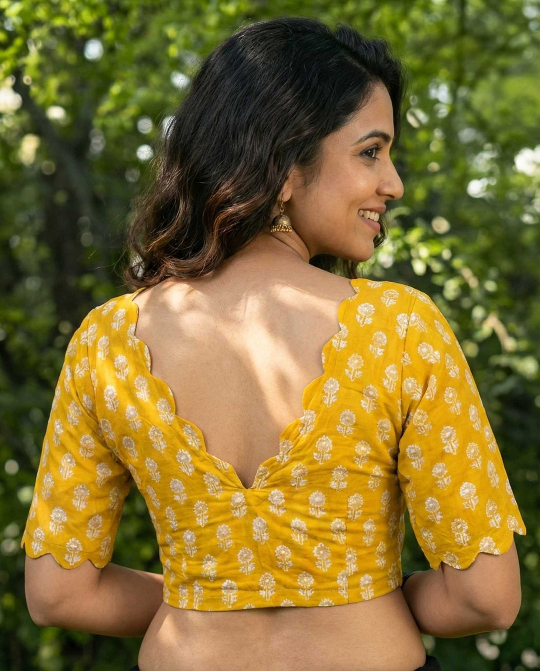 Almost Friday Blue Cotton V neck Scallop Blouse