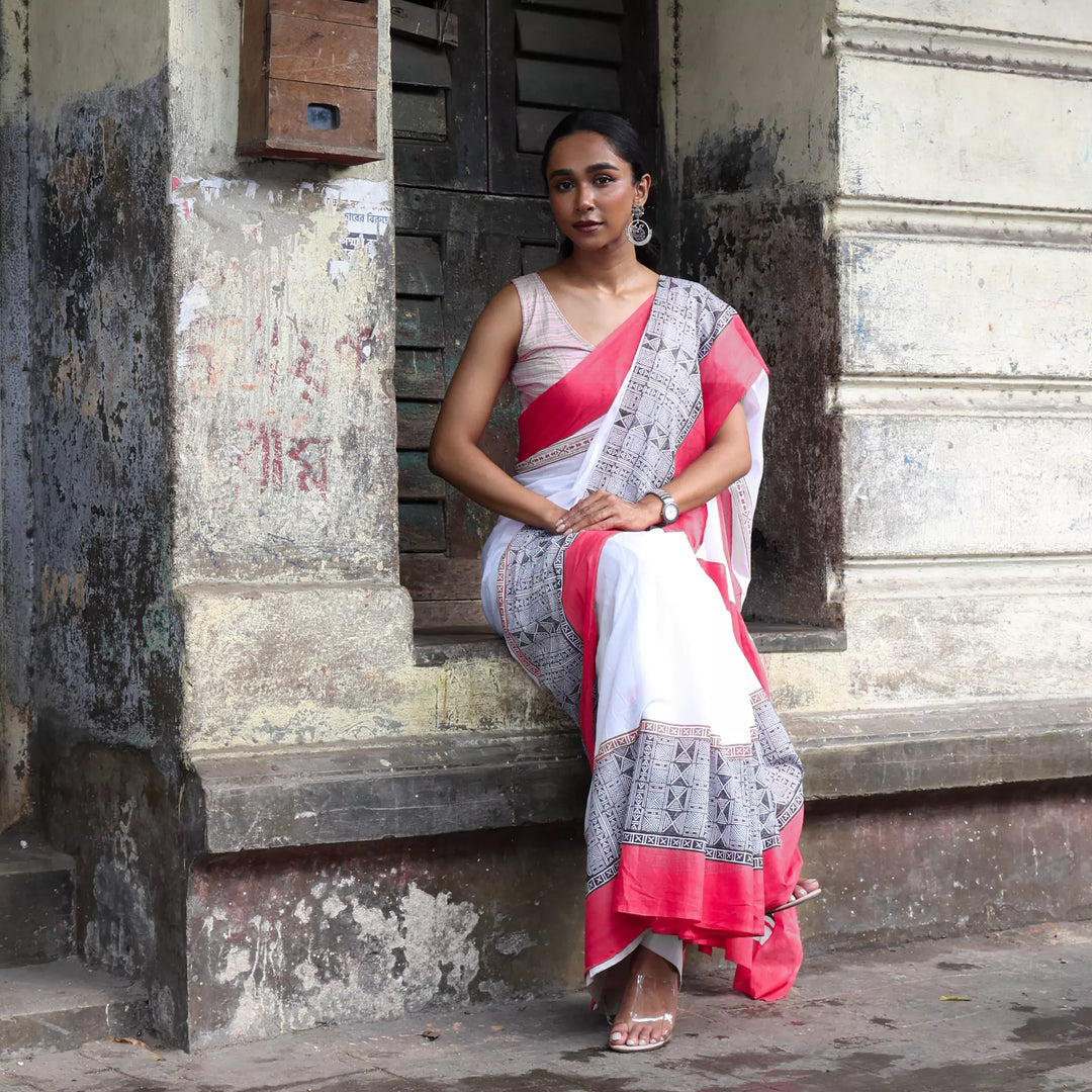 At the Crossroads - Mul Cotton Hand Block Printed Saree