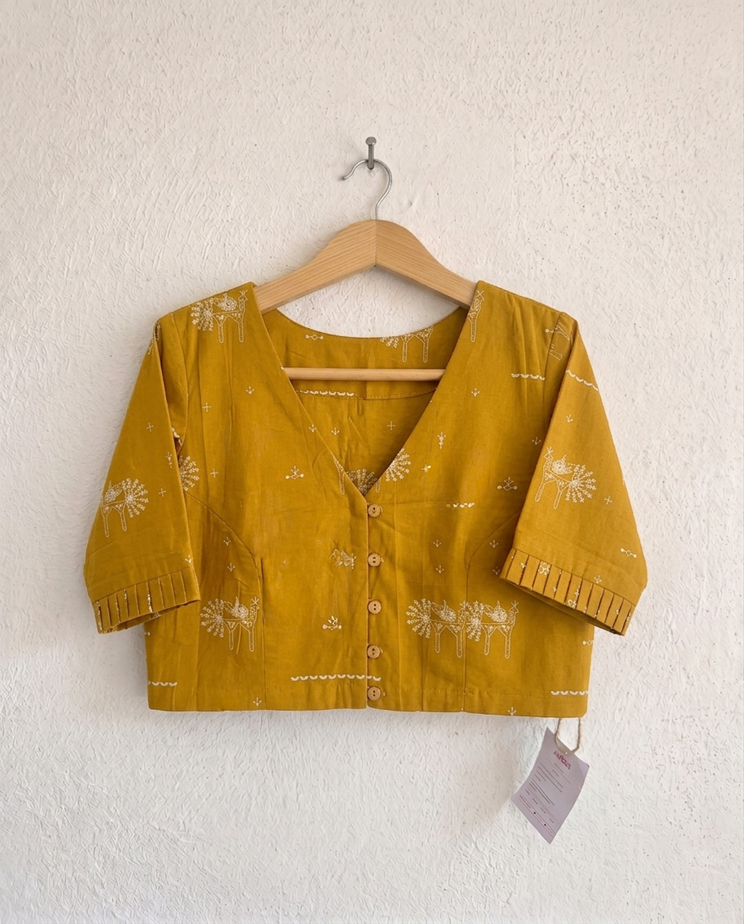 9AM button down blouse with elbow sleeve - Mustard Blockprint