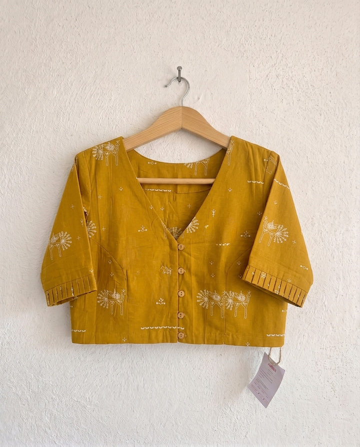 9AM button down blouse with elbow sleeve - Mustard Blockprint