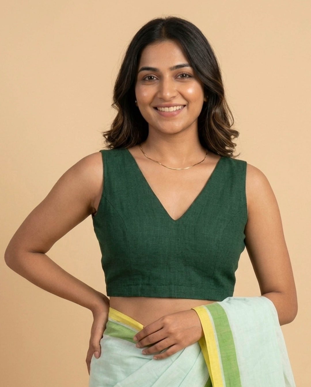Dark Green Cotton V neck Readymade Sleeveless Blouse