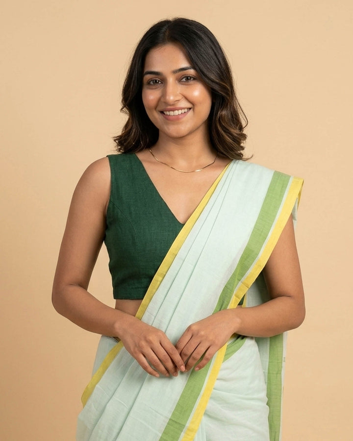 Dark Green Cotton V neck Readymade Sleeveless Blouse