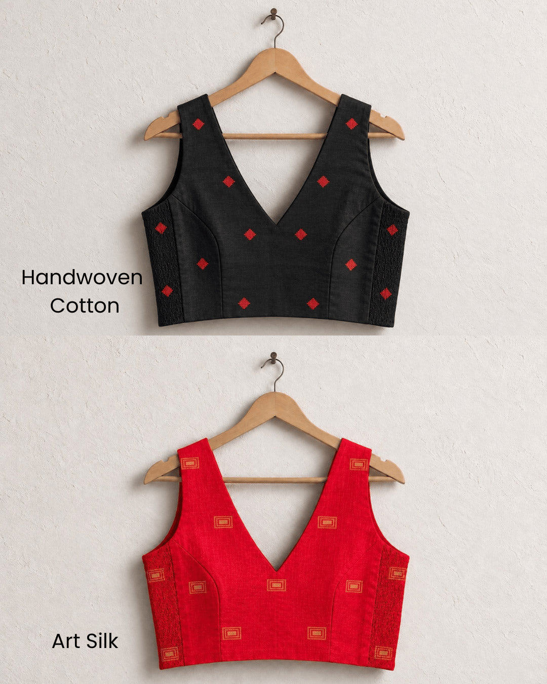 2-in-1 Reversible Stretchable V-Neck Sleeveless Art Silk & Cotton Blouse - Red & Black