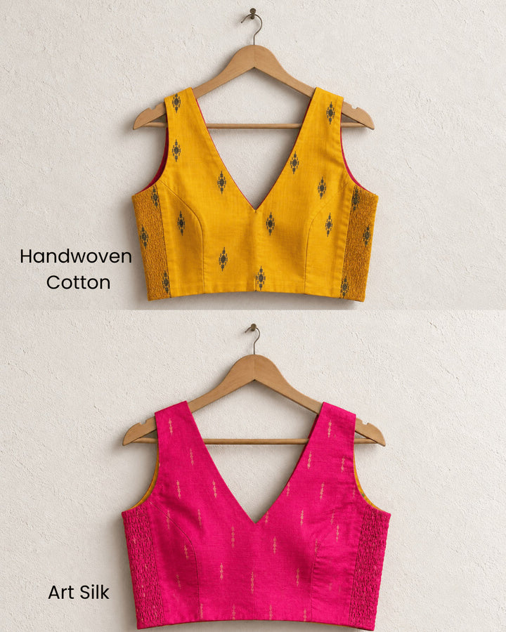 2-in-1 Reversible Stretchable V-Neck Sleeveless Art Silk & Cotton Blouse - Pink & Mustard