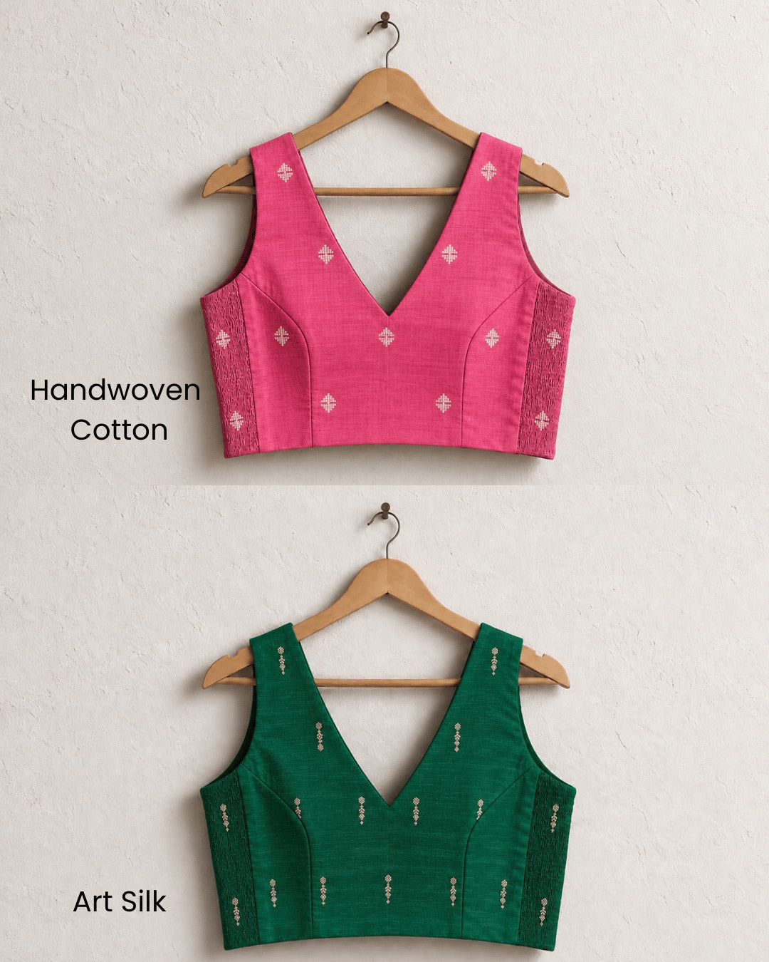 2-in-1 Reversible Stretchable V-Neck Sleeveless Art Silk & Cotton Blouse - Green & Pink