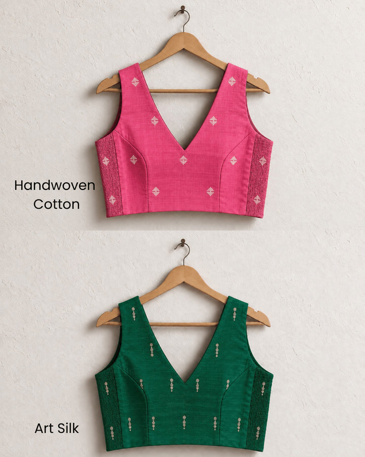 2-in-1 Reversible Stretchable V-Neck Sleeveless Art Silk & Cotton Blouse - Green & Pink
