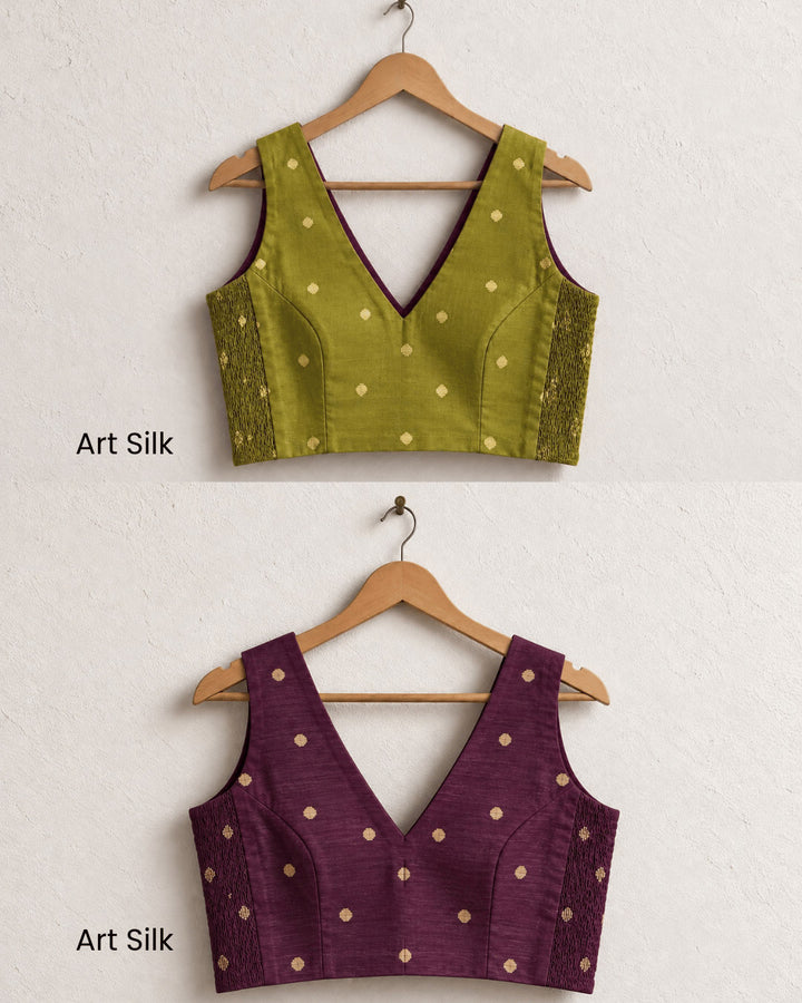 2-in-1 Reversible Stretchable V-Neck Sleeveless Art Silk Blouse - Olive & Wine