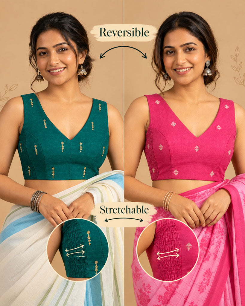 2-in-1 Reversible Stretchable V-Neck Sleeveless Art Silk & Cotton Blouse - Green & Pink