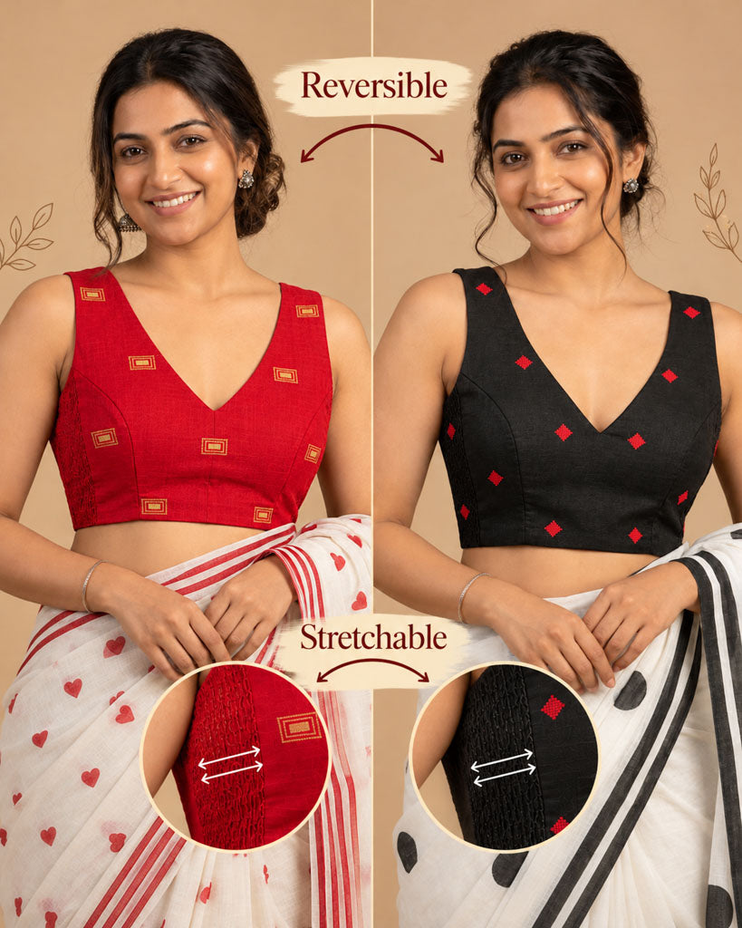 2-in-1 Reversible Stretchable V-Neck Sleeveless Art Silk & Cotton Blouse - Red & Black