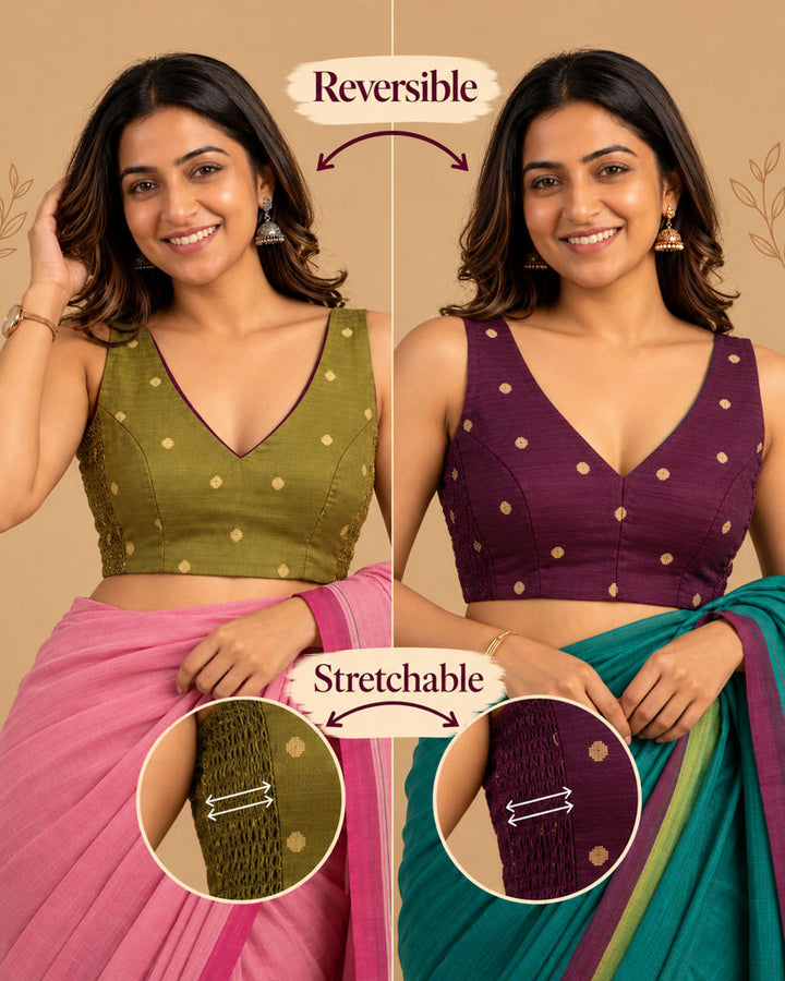 2-in-1 Reversible Stretchable V-Neck Sleeveless Art Silk Blouse - Olive & Wine