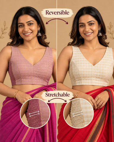 2-in-1 Reversible Stretchable V-Neck Sleeveless Art Silk Blouse - Off-white & Dusty mauve