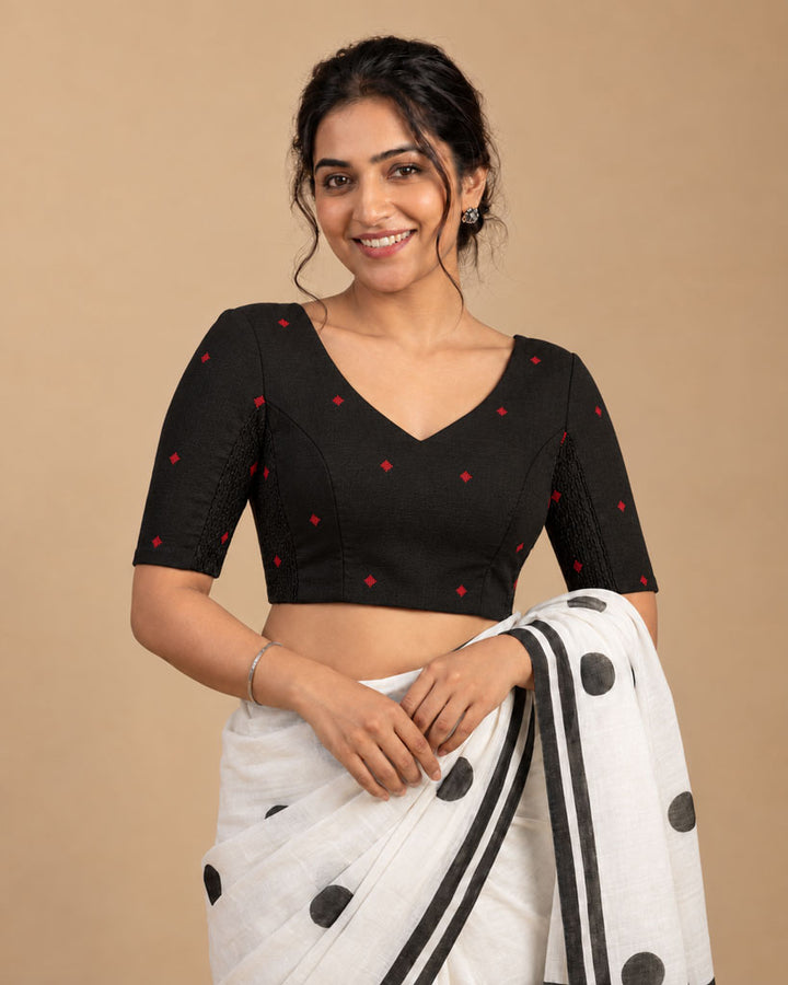 2-in-1 Reversible Stretchable V-Neck Art Silk & Cotton Blouse with Elbow Sleeves - Black & Off-white