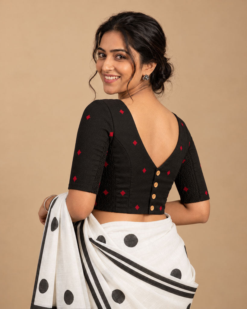 2-in-1 Reversible Stretchable V-Neck Art Silk & Cotton Blouse with Elbow Sleeves - Black & Off-white