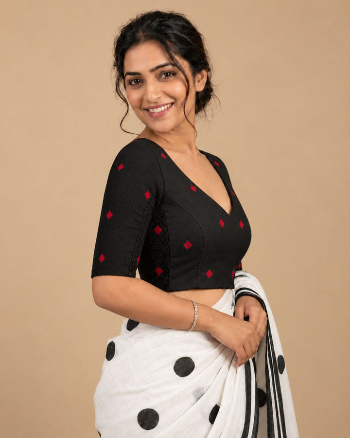 2-in-1 Reversible Stretchable V-Neck Art Silk & Cotton Blouse with Elbow Sleeves - Black & Off-white