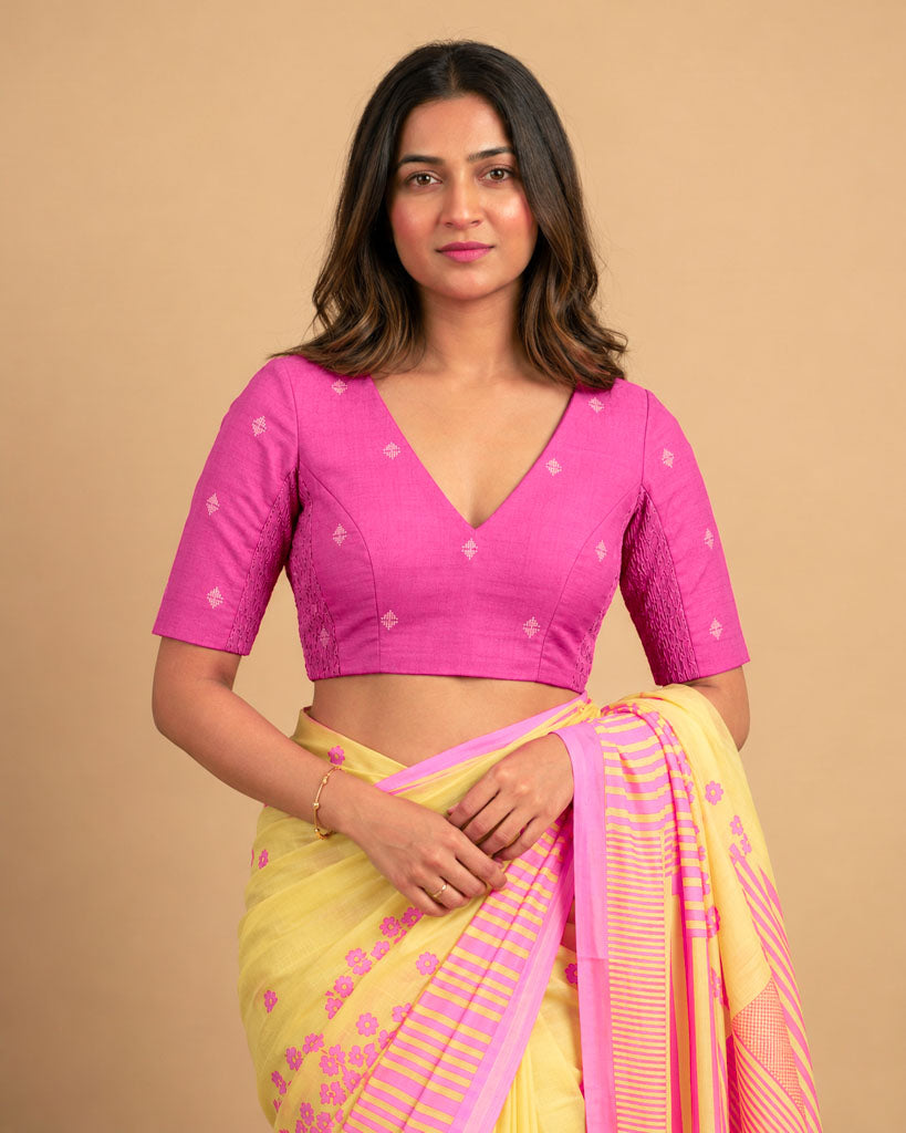 2-in-1 Reversible Stretchable V-Neck Art Silk & Cotton Blouse with Elbow Sleeves - Wine & Pink